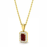 18ct Yellow Gold 0.32ct Emerald Cut Ruby And 0.10ct Diamond Halo Necklace