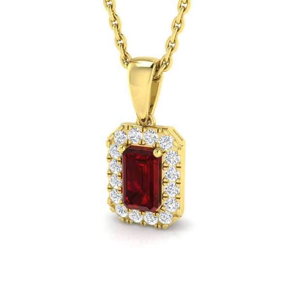 18ct Yellow Gold 0.32ct Emerald Cut Ruby And 0.10ct Diamond Halo Necklace
