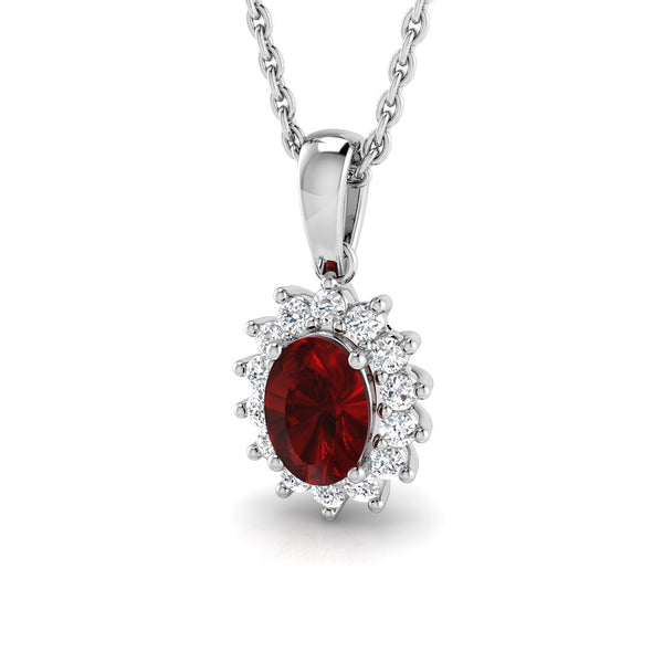 18ct White Gold 0.69ct Oval Cut Ruby And 0.13ct Diamond Cluster Necklace