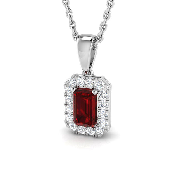 18ct White Gold 0.31ct Emerald Cut Ruby And 0.10ct Diamond Halo Necklace