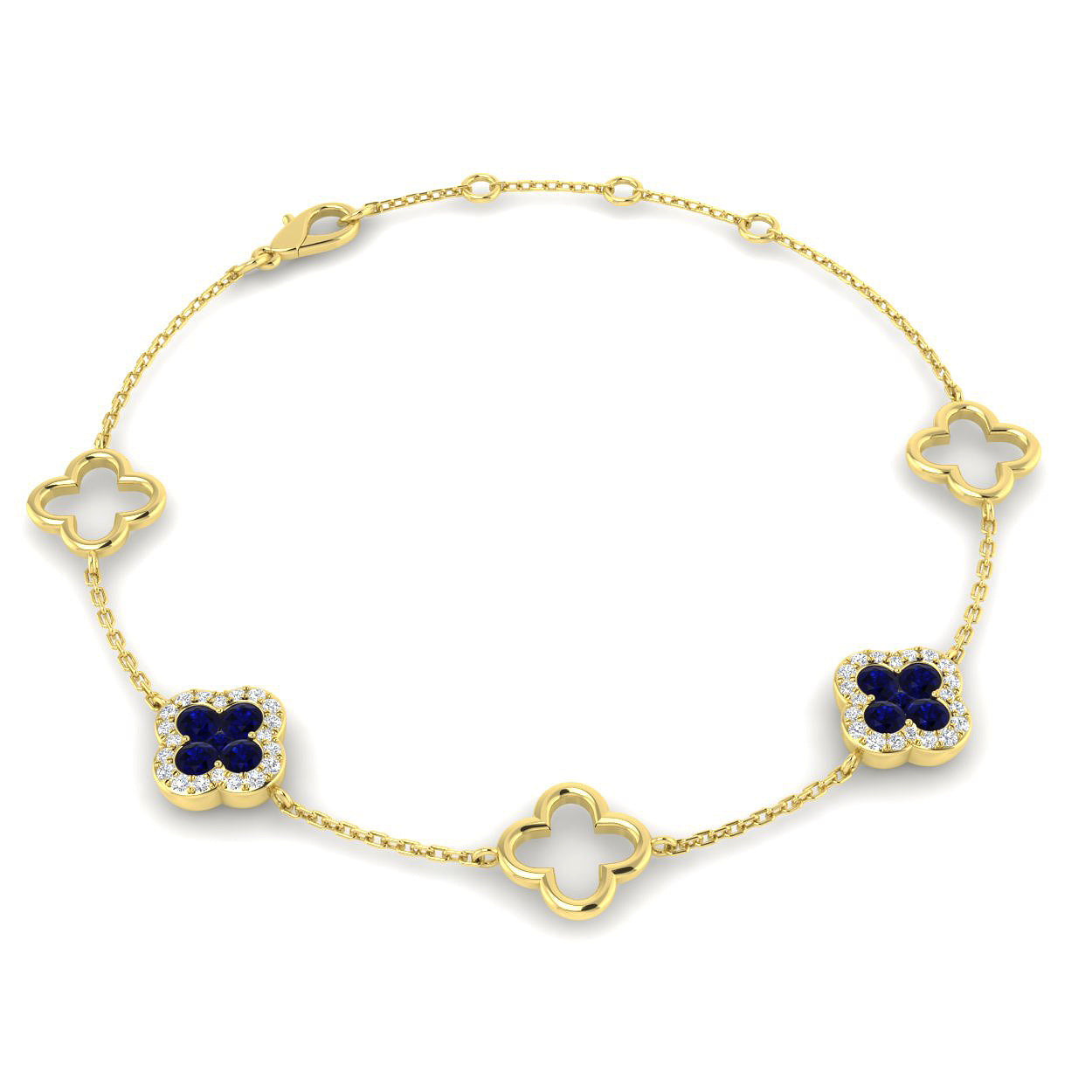 9ct Yellow Gold Blue Sapphire And Diamond Clover Bracele