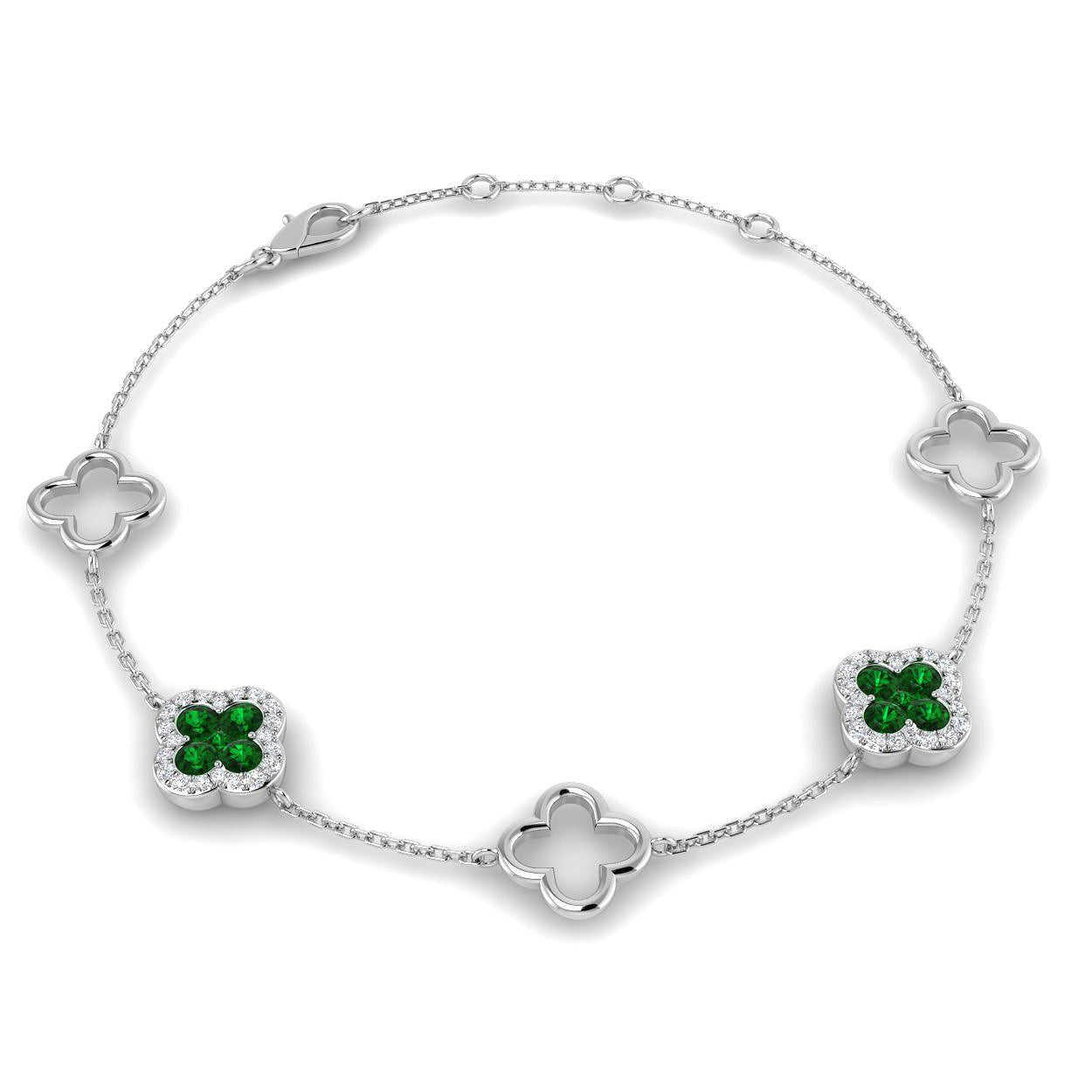 9ct White Gold 0.47ct Emerald And 0.18ct Diamond Clover Bracelet