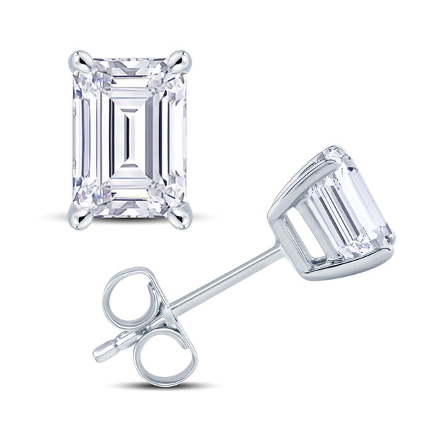 18ct white gold emerald cut diamond four claw stud earrings setting view