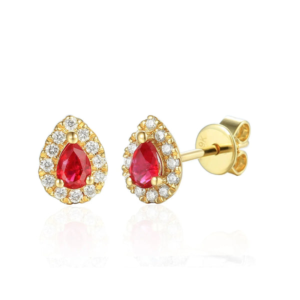 18ct Yellow Gold 0.37ct Pear Cut Ruby And 0.16ct Diamond Halo Stud Earrings