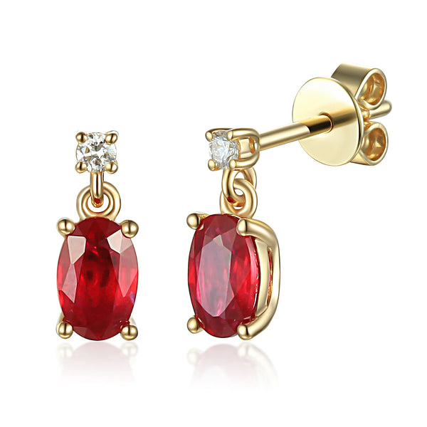 18ct Yellow Gold 1.13ct Oval Cut Ruby And 0.06ct Diamond Drop Earrings