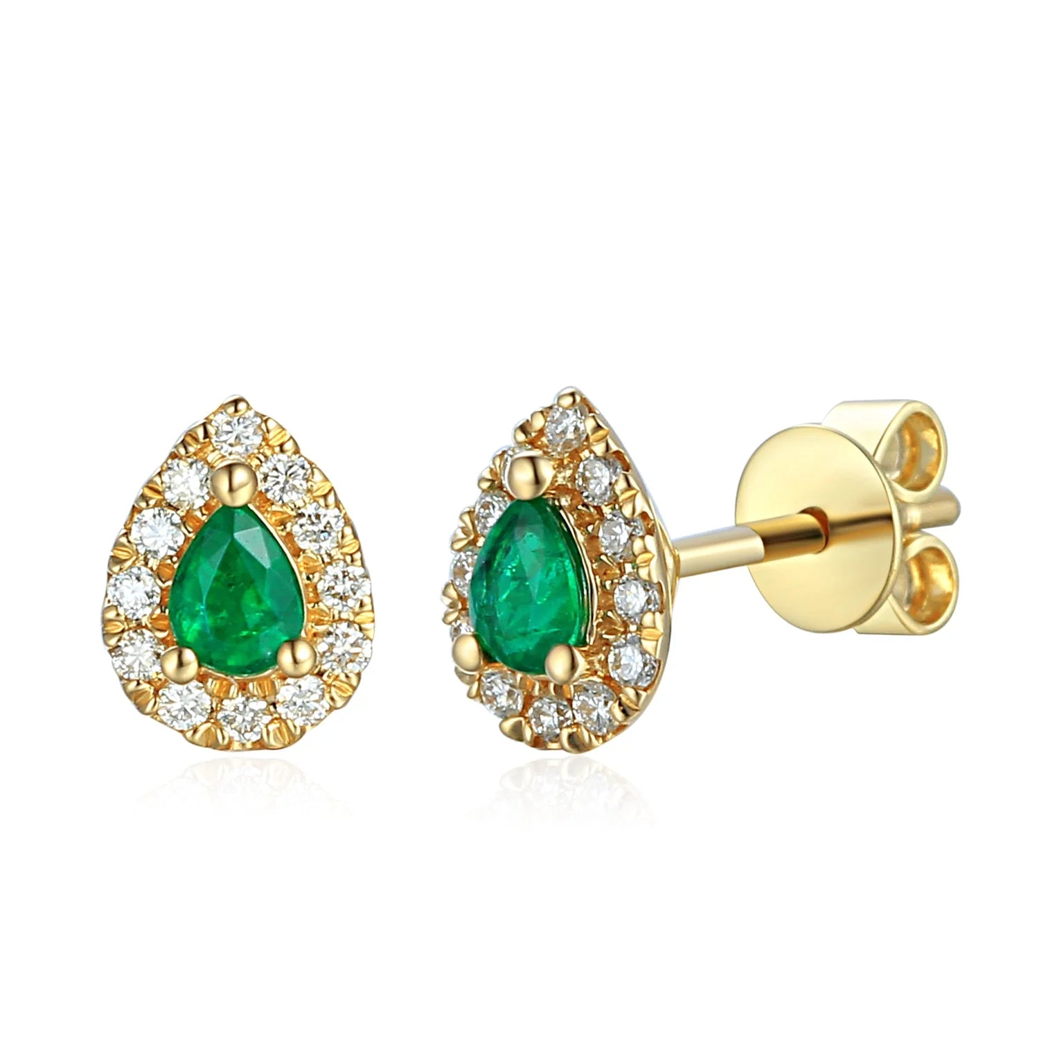 18ct Yellow Gold Pear Cut Emerald And Diamond Halo Stud