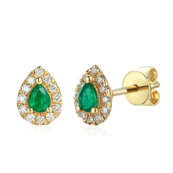 18ct Yellow Gold 0.33ct Pear Cut Emerald And 0.16ct Diamond Halo Stud Earrings
