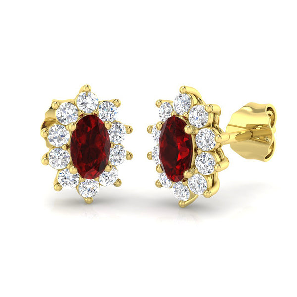 18ct Yellow Gold 0.61ct Oval Cut Ruby And 0.37ct Diamond Cluster Stud Earrings