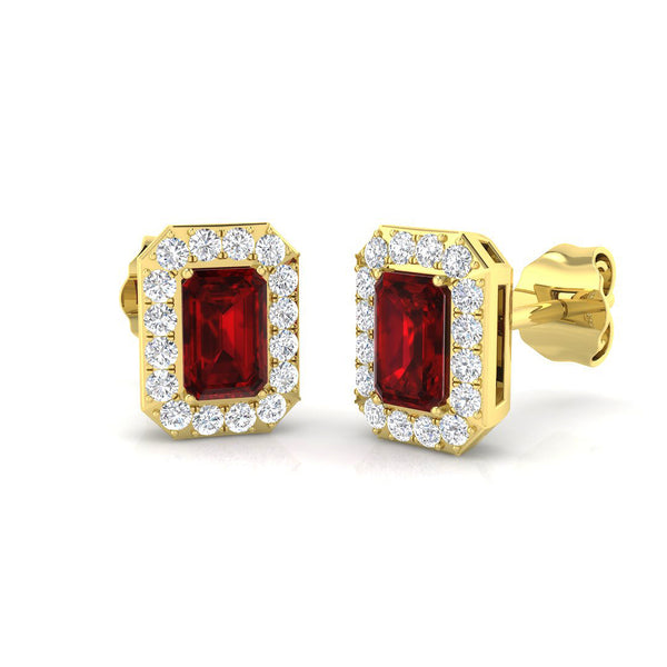 18ct Yellow Gold 0.85ct Emerald Cut Ruby And 0.20ct Diamond Halo Stud Earrings