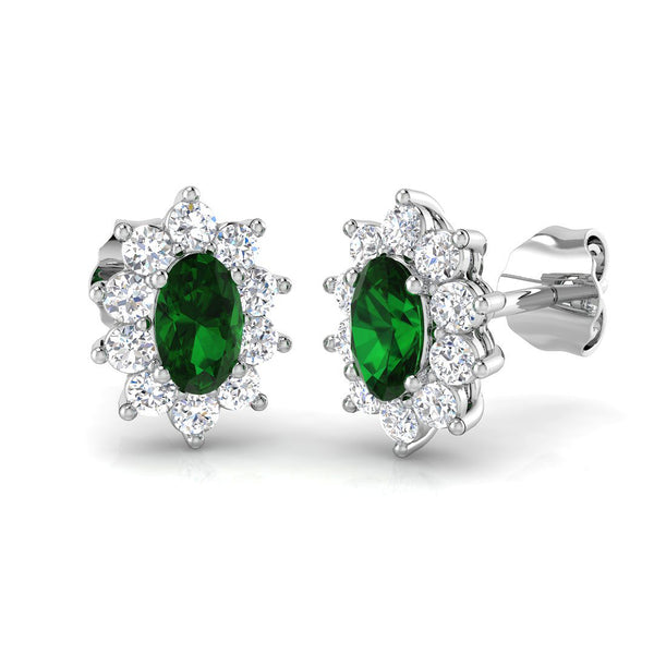 18ct White Gold 0.39ct Oval Cut Emerald And 0.36ct Diamond Cluster Stud Earrings