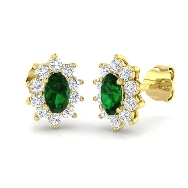 18ct Yellow Gold 0.58ct Oval Cut Emerald And 0.44ct Diamond Cluster Stud Earrings