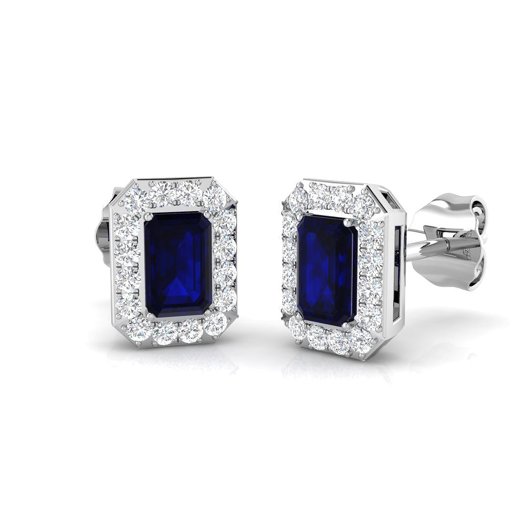 18ct White Gold Emerald Cut Blue Sapphire And Diamond Ha