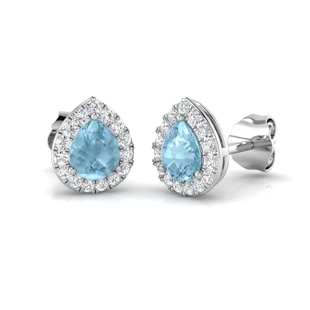 18ct White gold pear cut aquamarine diamond halo earrings