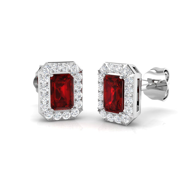 18ct White Gold 0.99ct Emerald Cut Ruby And 0.20ct Diamond Halo Stud Earrings