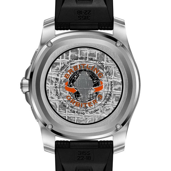 breitling aerospace b70 orbiter 43m orange dial steel on rubber strap quartz gents watch showing its steel caseback