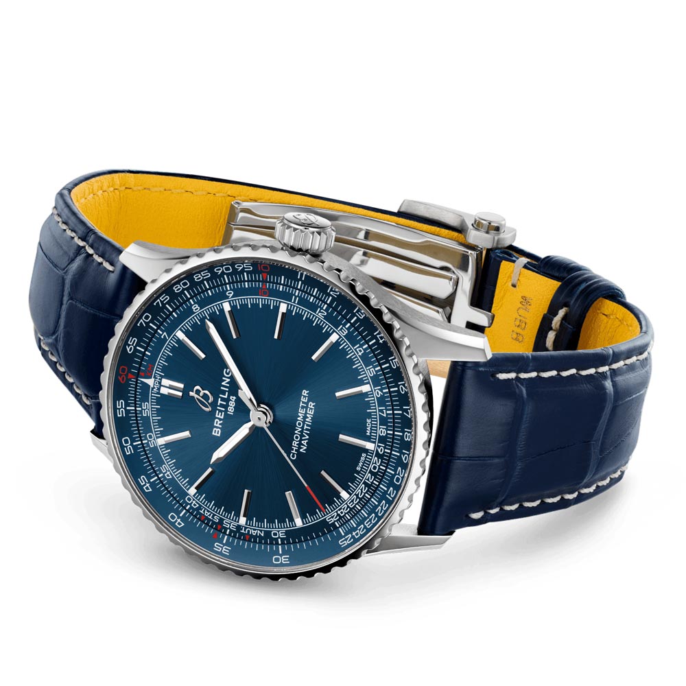 breitling navitimer 41mm blue dial steel on leather bracelet automatic gents watch laying down image