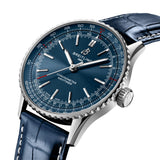 breitling navitimer 41mm blue dial steel on leather bracelet automatic gents watch front side facing upright image