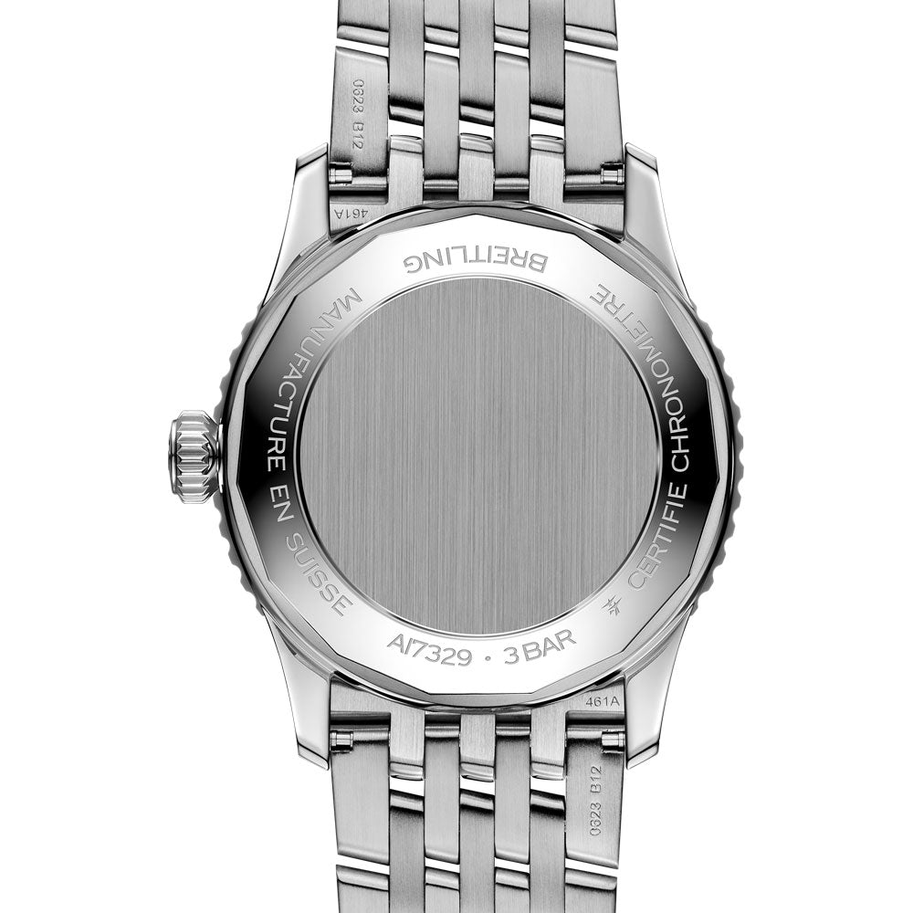 breitling navitimer 41mm green dial steel on steel bracelet automatic gents watch showing its screw in caseback