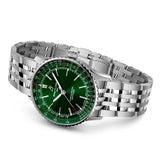 breitling navitimer 41mm green dial steel on steel bracelet automatic gents watch laying down image