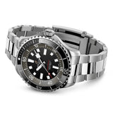 breitling superocean automatic 44mm black dial gents watch on stainless steel bracelet front facing laying down image