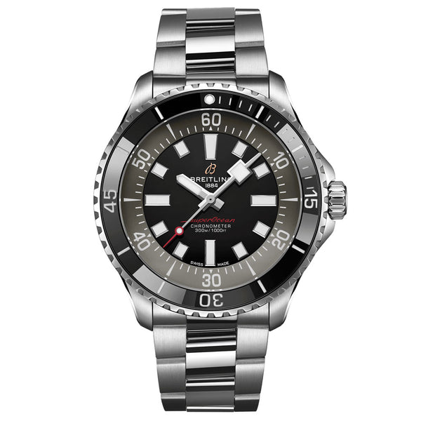 breitling superocean automatic 44mm black dial gents watch on stainless steel bracelet front facing upright image