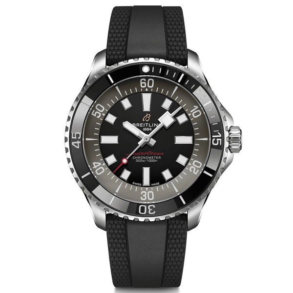 breitling superocean UK edition 44mm black dial steel on rubber strap automatic gents watch front facing upright image