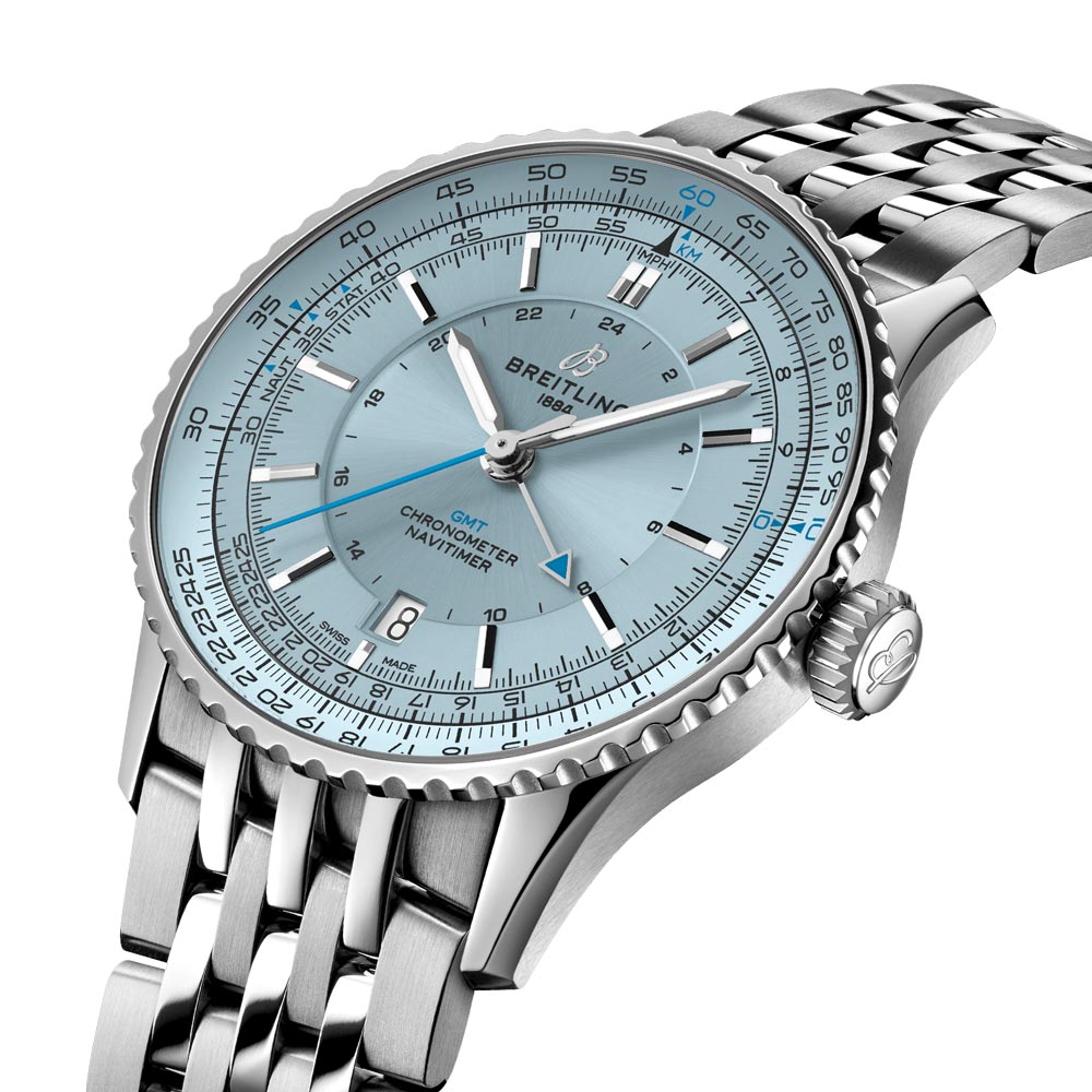 breitling navitimer gmt 41mm ice blue dial steel on steel bracelet automatic gents watch front side facing upright image
