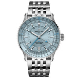 breitling navitimer gmt 41mm ice blue dial steel on steel bracelet automatic gents watch front facing upright image