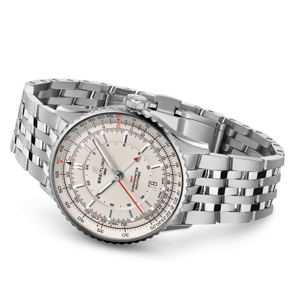 breitling navitimer gmt 41mm cream dial steel on steel bracelet automatic gents watch laying down image