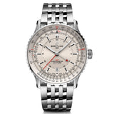 breitling navitimer gmt 41mm cream dial steel on steel bracelet automatic gents watch front facing upright image