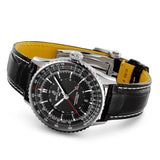 breitling navitimer gmt 41mm black dial steel on leather strap automatic gents watch laying down image