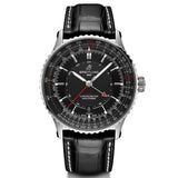 breitling navitimer gmt 41mm black dial steel on leather strap automatic gents watch front facing upright image