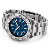 breitling avenger 44mm gmt blue dial stainless steel automatic gents watch laying down image