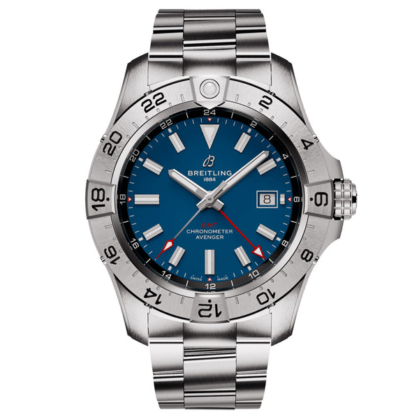 breitling avenger 44mm gmt blue dial stainless steel automatic gents watch front facing upright image
