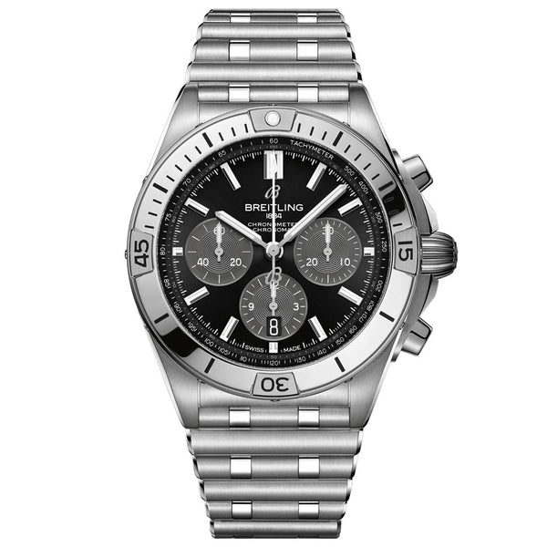 breitling chronomat b01 42mm black dial automatic chronograph steel on steel bracelet gents watch front facing upright image