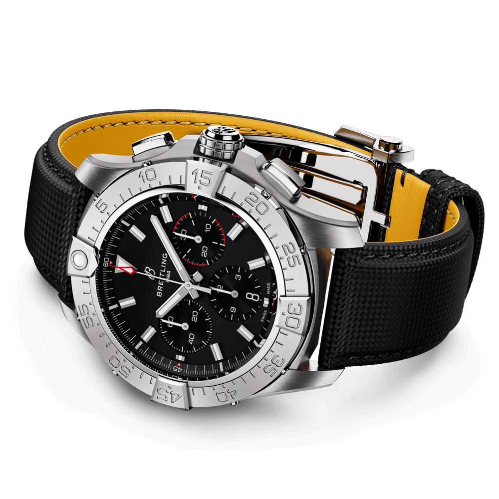breitling avenger b01 44mm black dial automatic chronograph steel on leather bracelet gents watch laying down image