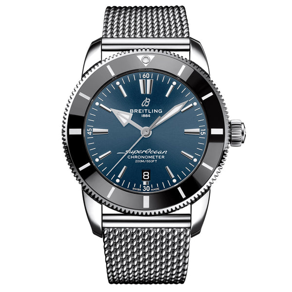 breitling superocean heritage b20 44mm blue dial stainless steel automatic gents watch front facing upright image