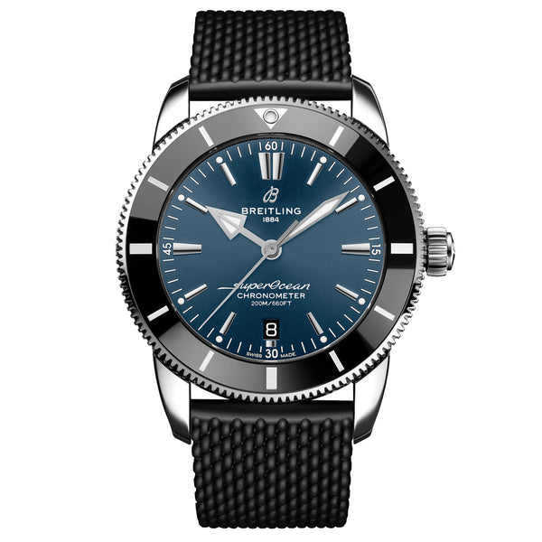 breitling superocean heritage b20 44mm blue dial stainless steel automatic gents watch on a rubber strap front facing upright image