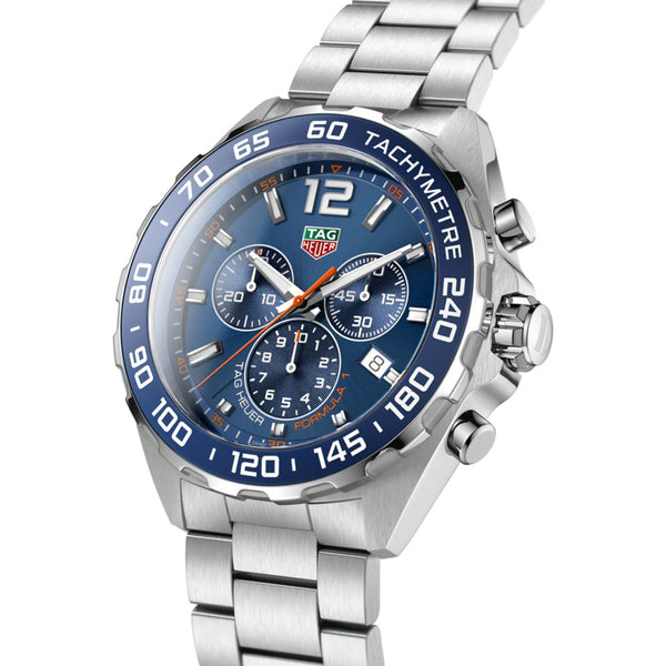 tag heuer formula 1 43mm blue dial chronograph quartz watch fontside facing upright image