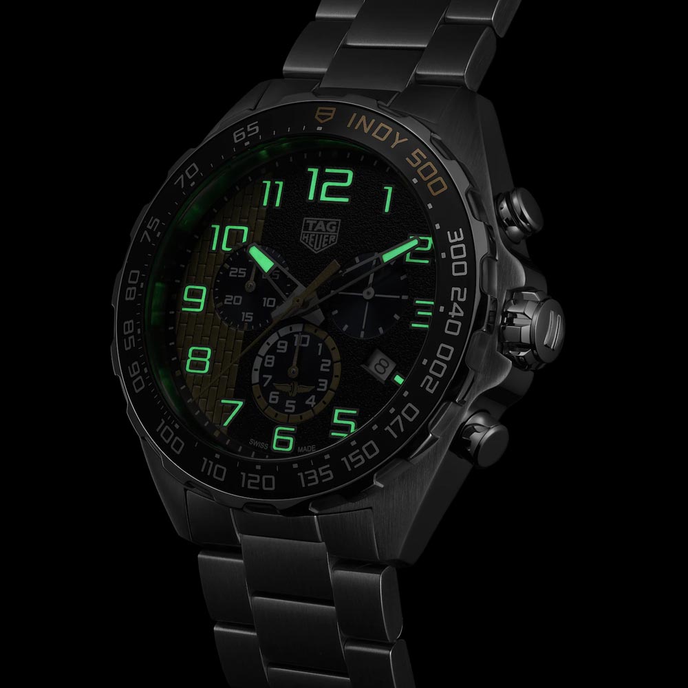 tag heuer formula 1 chronograph x indy 500 limited edition 43mm gents watch in the dark shot