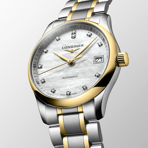 longines master collection 34mm mop dial 18ct gold capped steel diamond automatic ladies watch dial close up