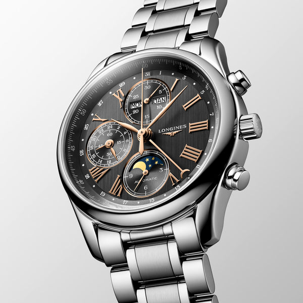 longines master collection 40mm anthracite dial with chronograph moonphase month day and date stainless steel automatic gents watch on a metal bracelet front side facing image