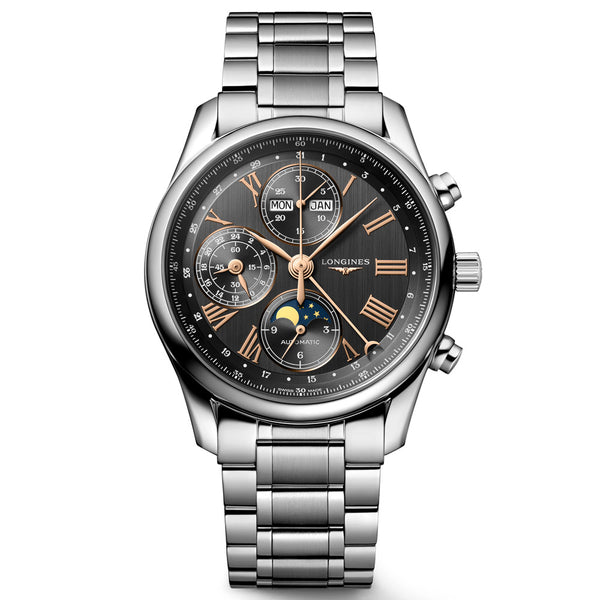 longines master collection 40mm anthracite dial with chronograph moonphase month day and date stainless steel automatic gents watch on a metal bracelet front facing upright image