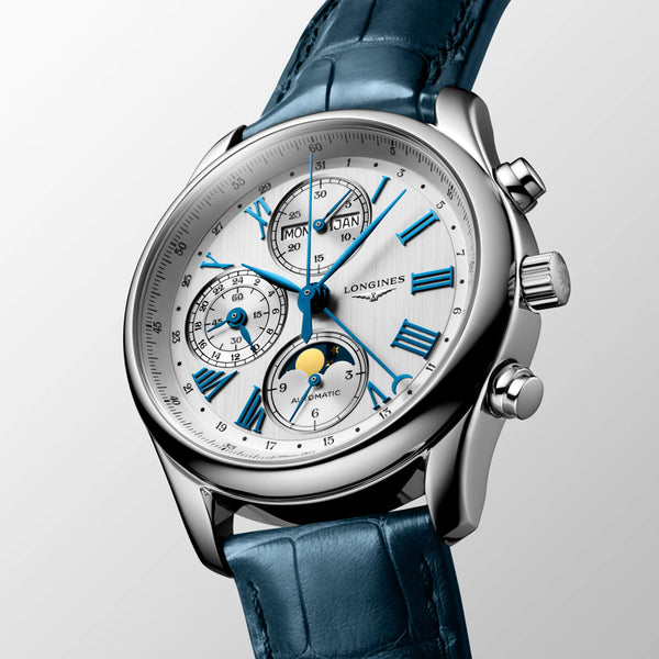 longines master collection 40mm silver dial chronograph moon phase month day and date stainless steel automatic watch on a blue leather strap front side facing image
