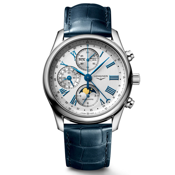 longines master collection 40mm silver dial chronograph moon phase month day and date stainless steel automatic watch on a blue leather strap front facing upright image