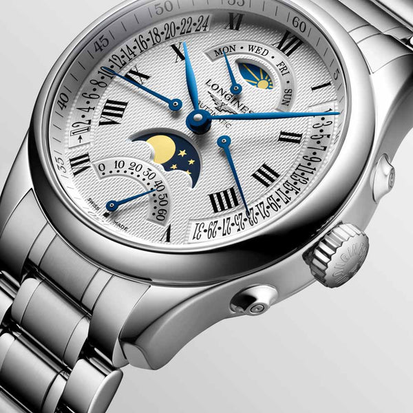 longines master collection 41mm silver dial day date moonphase second time zone automatic gents watch dial close up