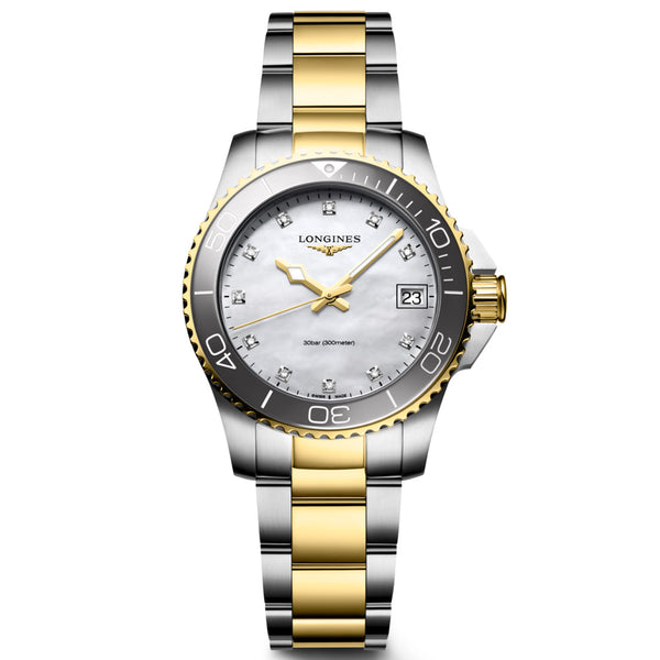 longines hydroconquest 32mm mother of pearl diamond dot dial yellow pvd steel bi colour quartz ladies watch front facing upright image