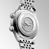 longines legend diver 39mm black dial automatic watch on a steel bracelet back side facing upright image