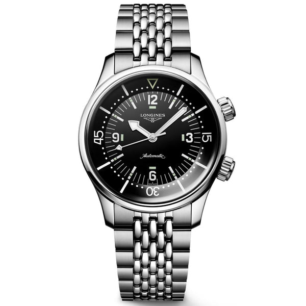 longines legend diver 39mm black dial automatic watch on a steel bracelet front facing upright image