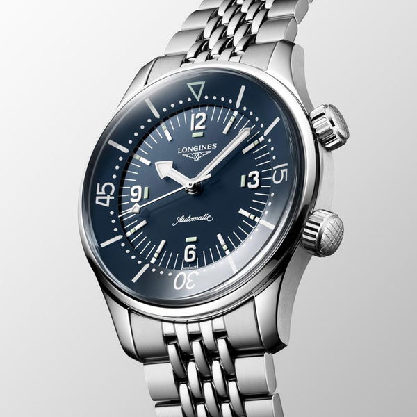 longines legend diver 39mm blue dial automatic watch on a steel bracelet front side facing upright image